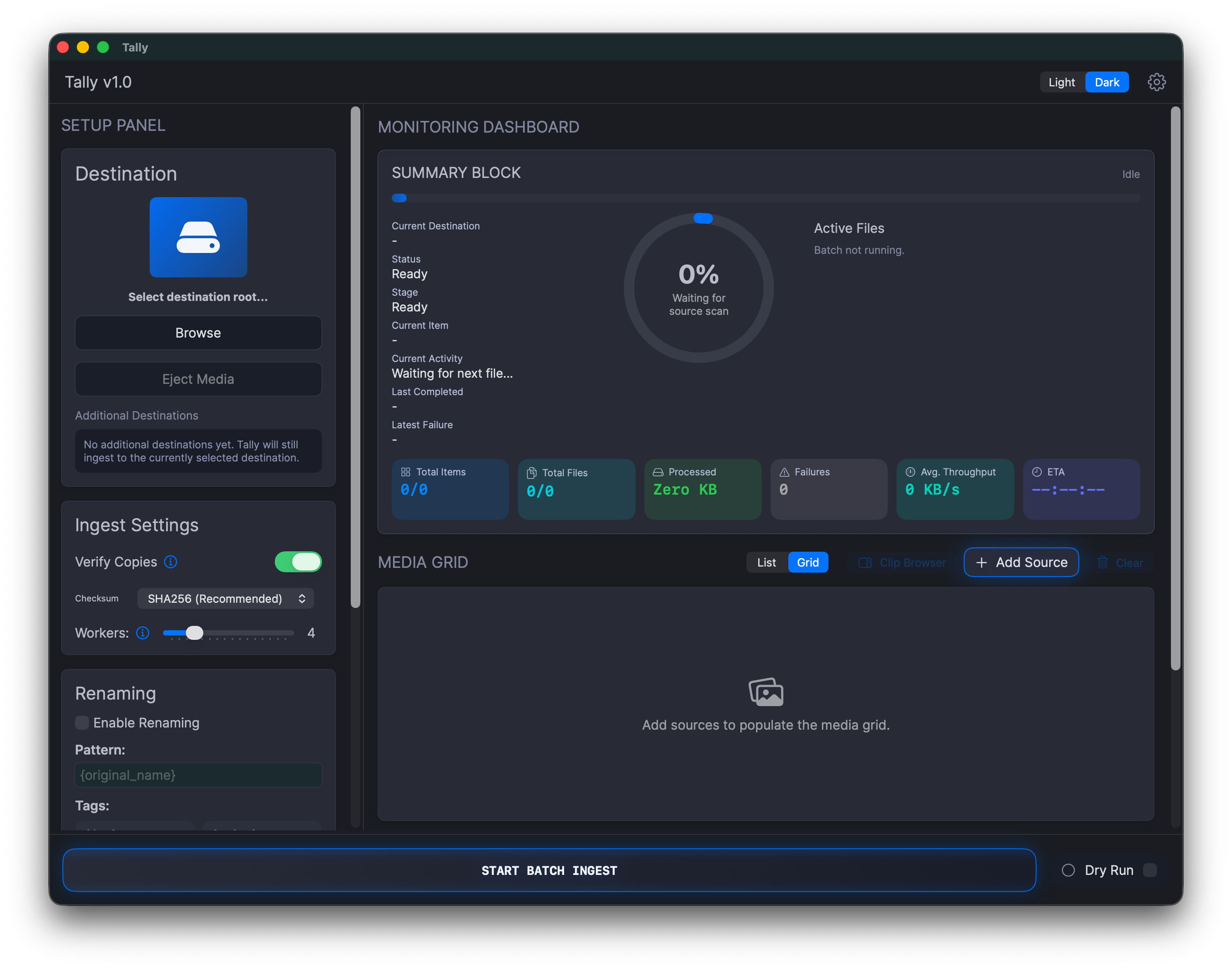 Tally monitoring dashboard interface